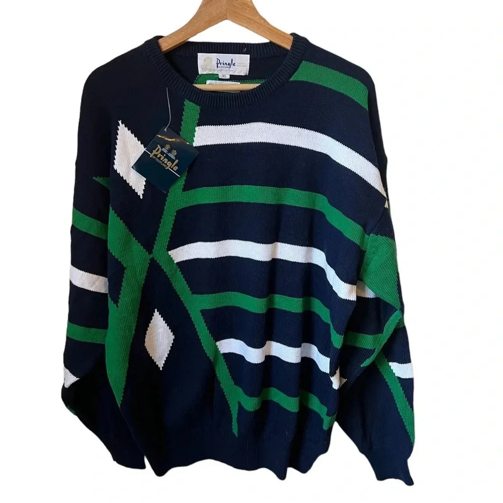 NWT Pringle Intarsia of Scotland Mens Sweater 100% Cotton Blue Geometric Pattern